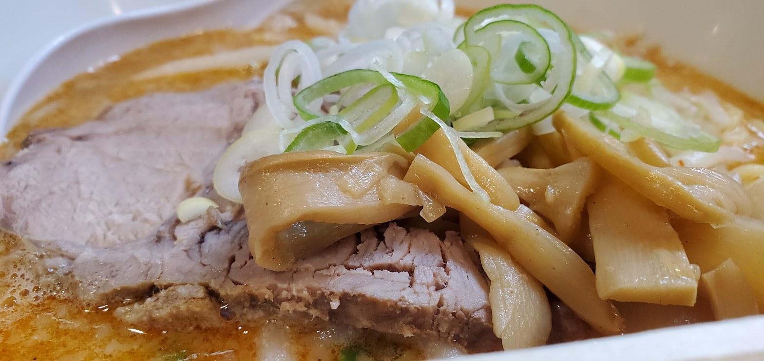 赤みがかった背脂みそスープの丼にチャーシュー・メンマ・刻みねぎが盛られたラーメンのクローズアップ